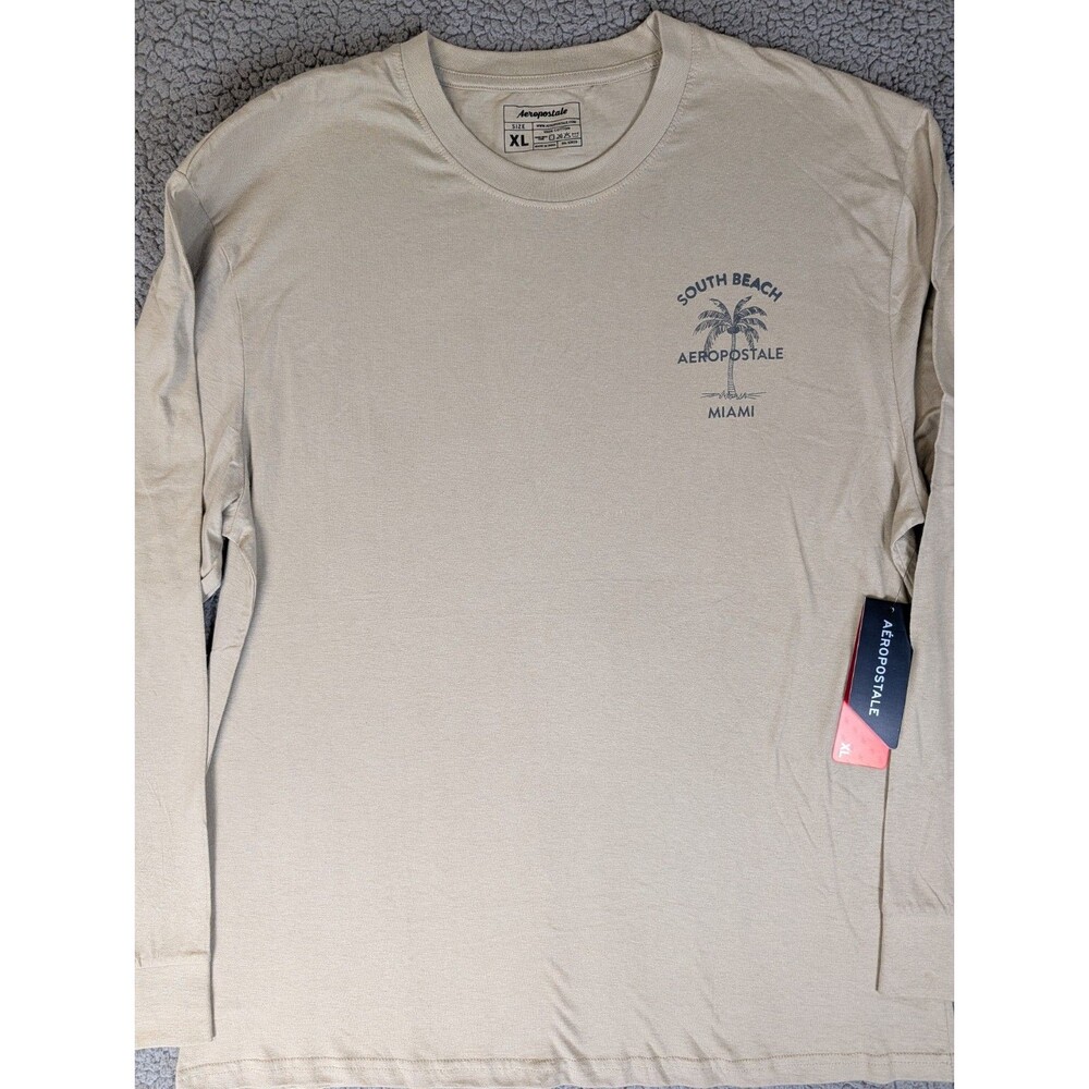 Aeropostale T-Shirt Men's XL Beige Cotton Crew Neck Long Sleeve Classic Pullover